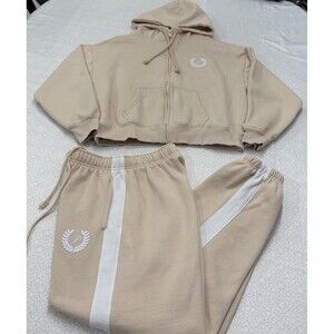 PINK Victoria’s Secret Cropped Hoodie Jogger Set Beige XS Top S Pants Lounge